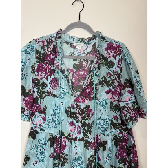 Sundance Turquoise Floral Provence Stroll Mini Dress Aqua V-neck Boho Sz PXL - Picture 2 of 8